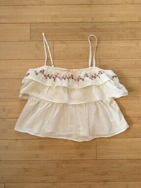American Eagle Cream Ruffled Embroidered Tank Top with Pink Ribbon